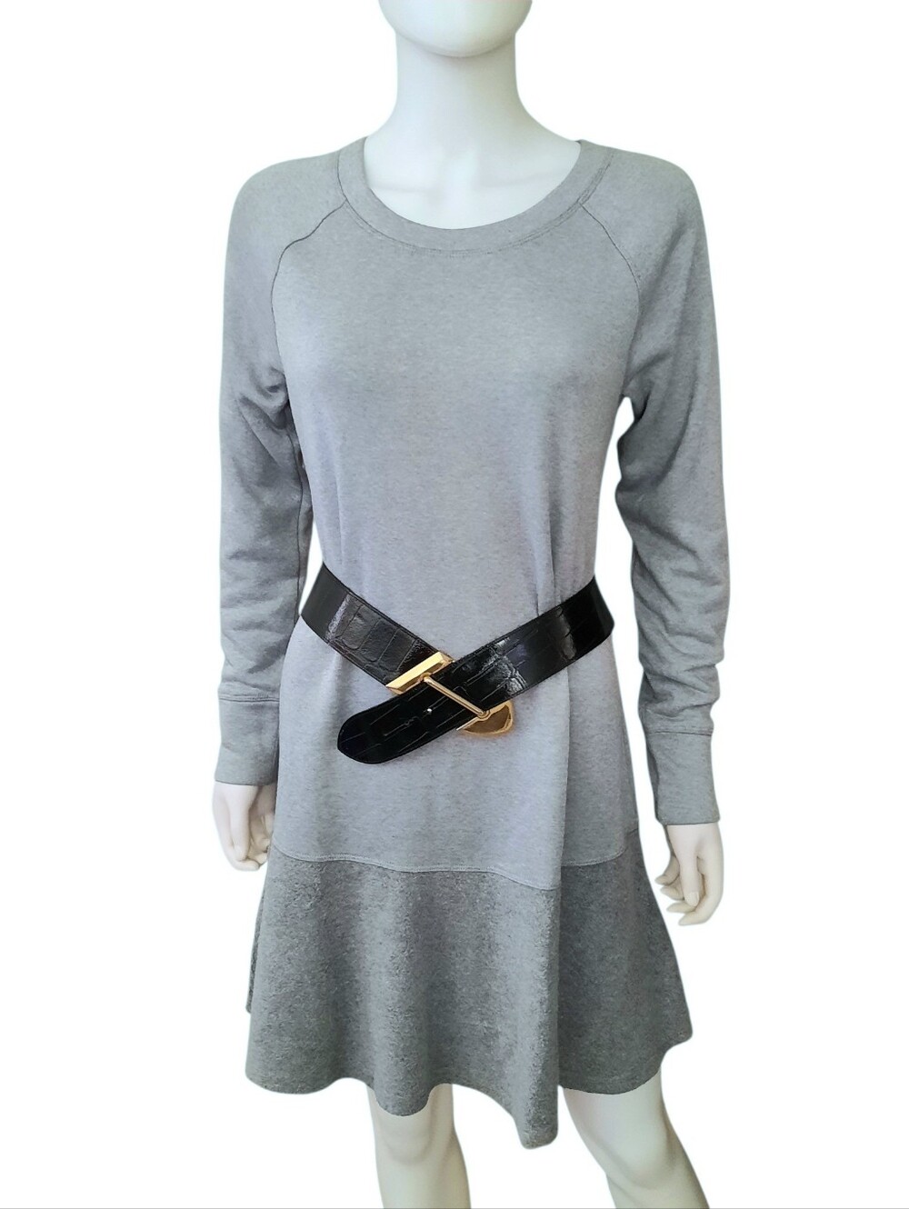CABI Gray Knit Long Sleeve Sweatshirt Dress w/  Drop-Waist Flared Skirt. Sz S